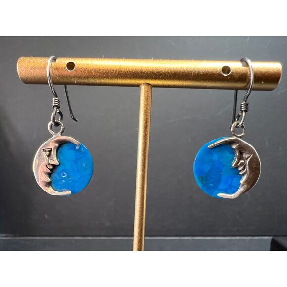 Vintage Sterling Silver Crescent Moon Blue Stone Dangle Earrings - Picture 5 of 8